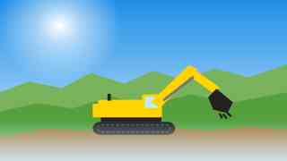 A low-resolution, over-saturated illustration of a yellow excavator on a green hill under a bright blue sky, stretched wide across the banner.